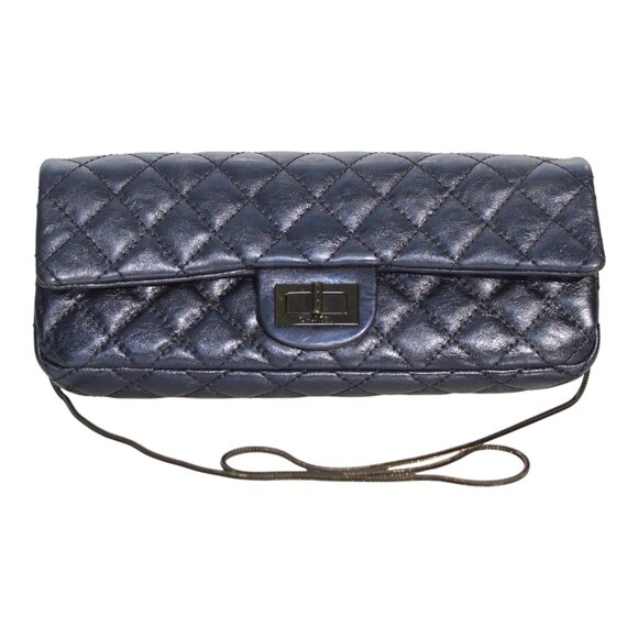 Chanel 2.55 East West Metallic Blue Quilted Leather bag / clutch - baguette size - Picture 7 of 16